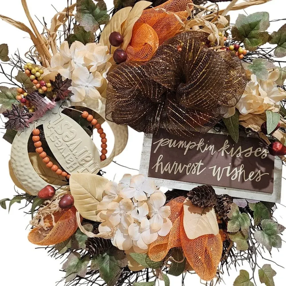 pumpkin kisses harvest wishes Handmade Wreath Fall Autumn Brown Orange 24